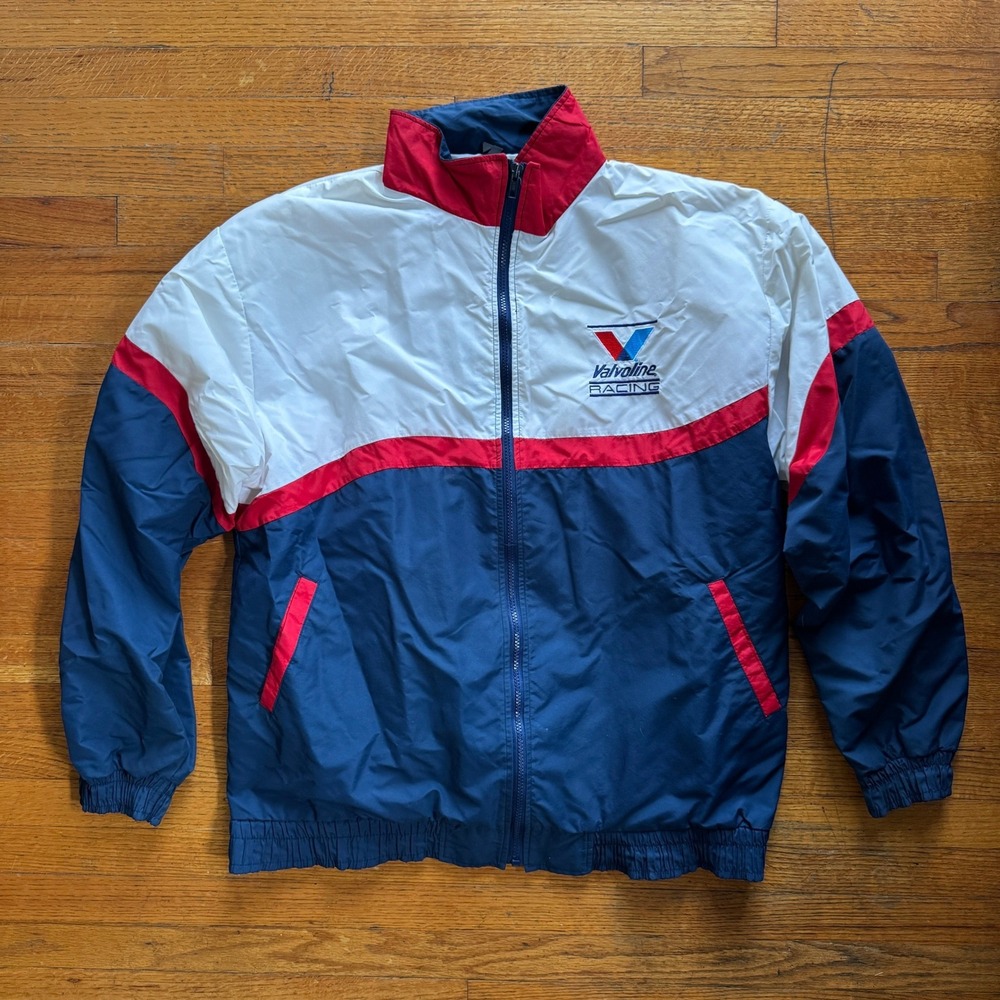 Valvoline Racing Jacket Mens‎ X-Large White Blue Red Zip Up Embroidered Logo